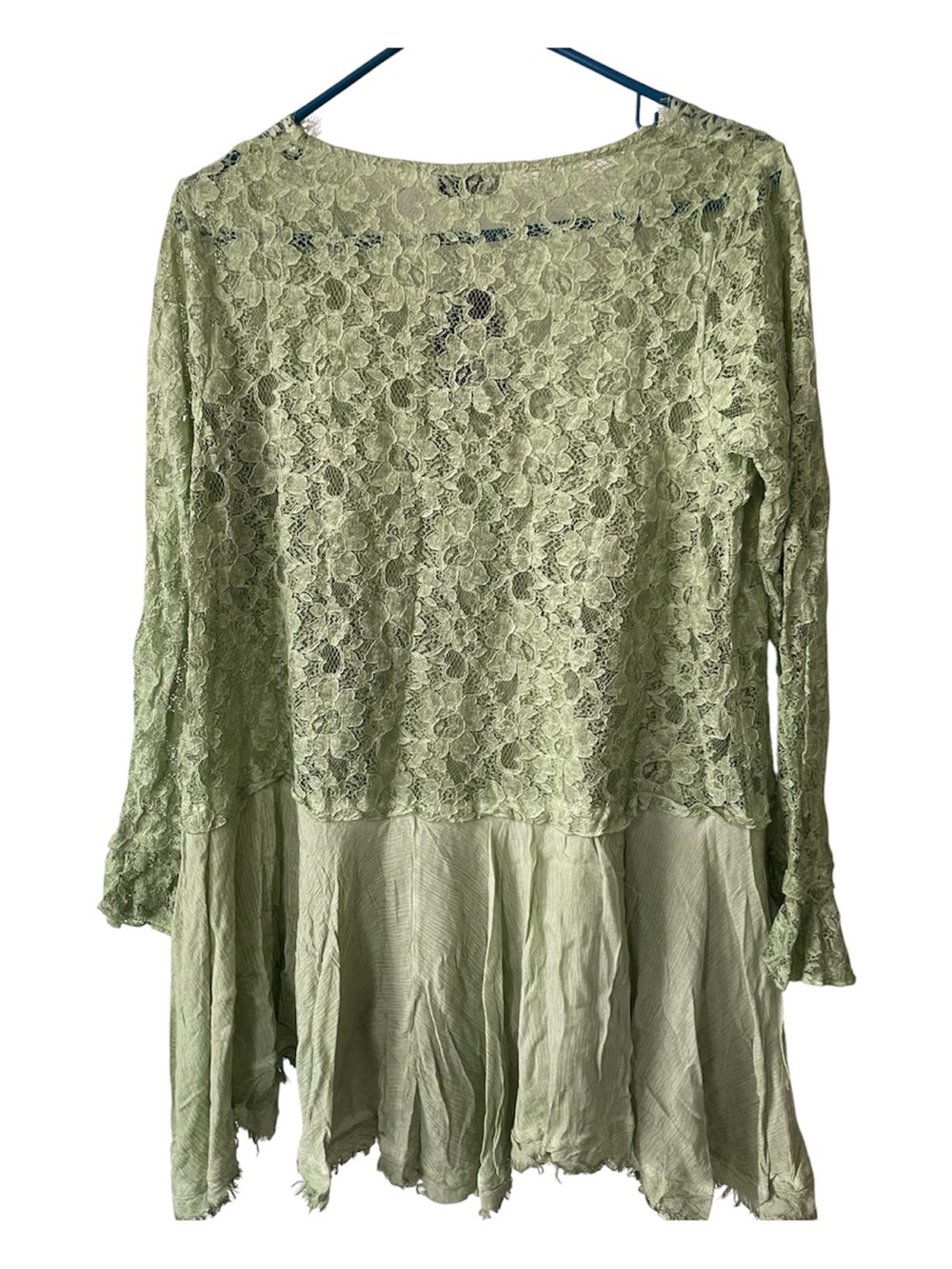 Light Sage Lace-Panel Tunic Top with Flowing Hem - Picture 2 of 4